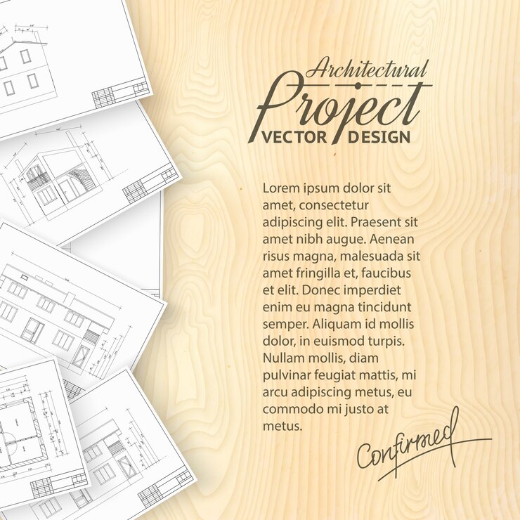 Escritorio de madera con bluerints de arquitectura