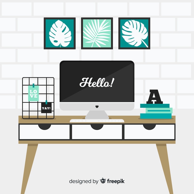 Vector gratuito escritorio moderno de oficina con diseño plano