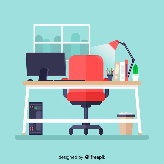 Vector gratuito escritorio moderno de oficina con diseño plano