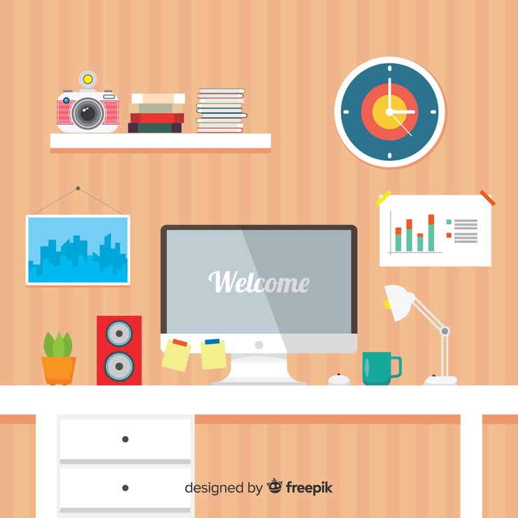 Vector gratuito escritorio moderno de oficina con diseño plano