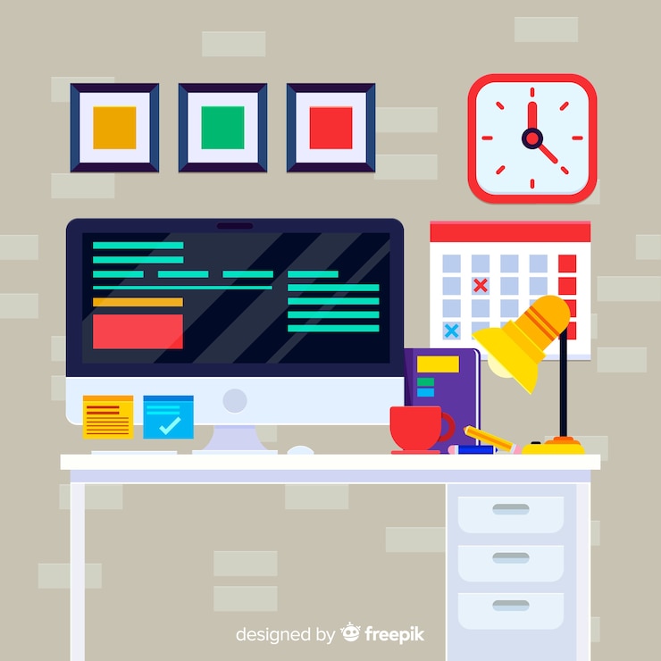 Vector gratuito escritorio de oficina colorido con diseño plano