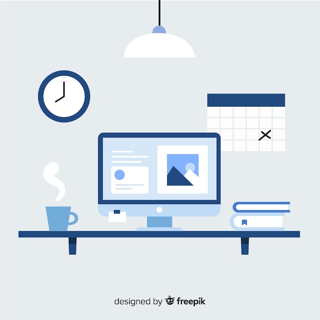 Vector gratuito escritorio de oficina moderno con diseño plano