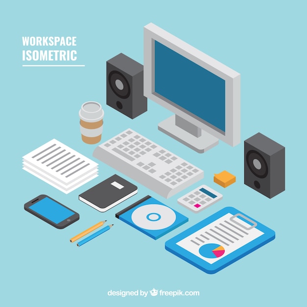 Escritorio de oficina con perspectiva isométrica