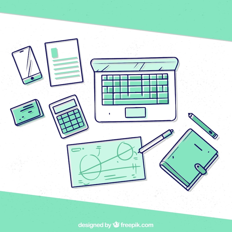 Vector gratuito escritorio profesional con estilo de dibujo a mano