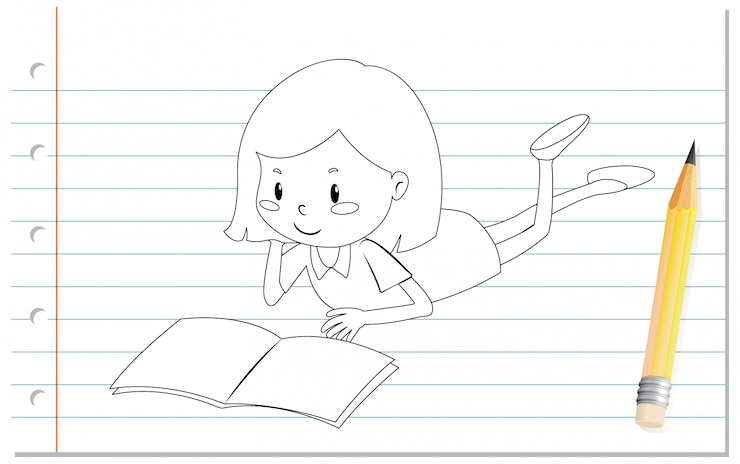 Vector gratuito escritura a mano de contorno de libro de lectura de niña