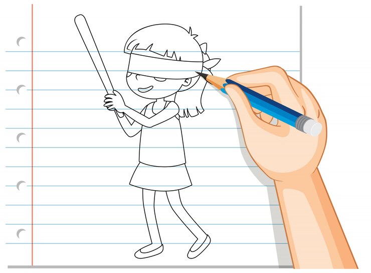 Vector gratuito escritura a mano del contorno de la niña con los ojos vendados