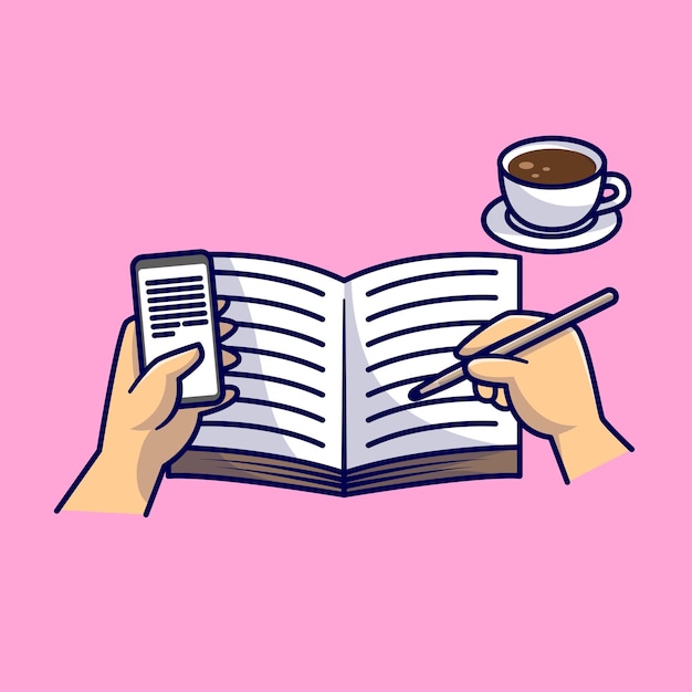 Escritura a mano en el libro con café y teléfono icono de vector de dibujos animados ilustración icono de educación de personas