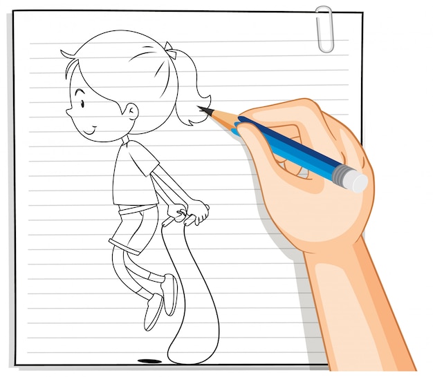 Escritura de la mano de niña saltando el contorno de la cuerda