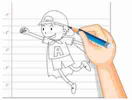 Vector gratuito escritura a mano de niño actuando como contorno de héroe