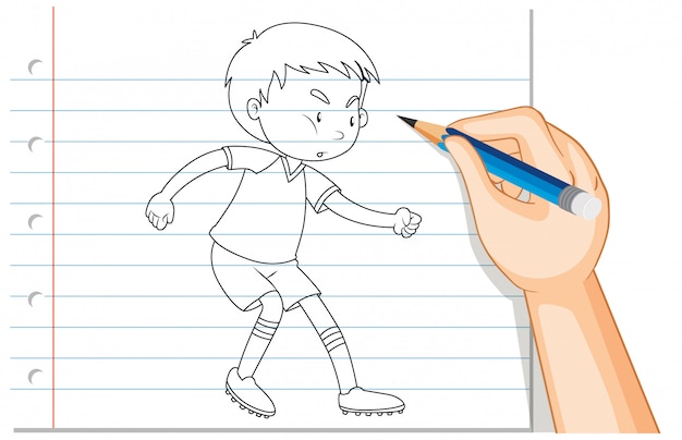 Escritura a mano de niño jugando al fútbol esquema