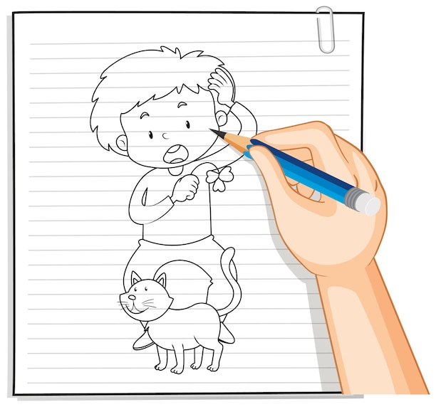 Escritura a mano de niño jugando con lindo gato contorno