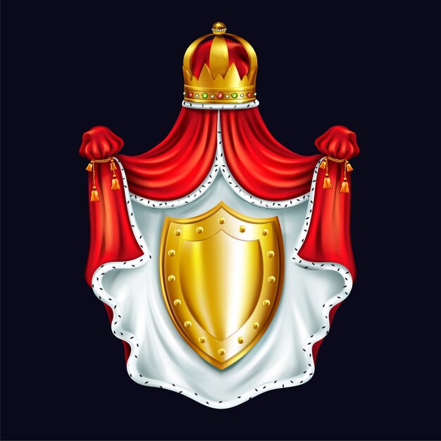 Escudo de armas medieval, emblema heráldico con corona real, dosel ceremonial rojo