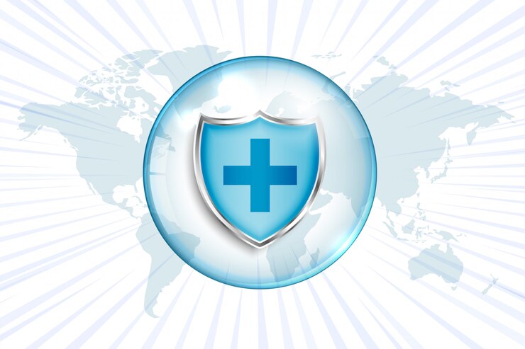Vector gratuito escudo de protección médica con signo de cruz y mapa mundial