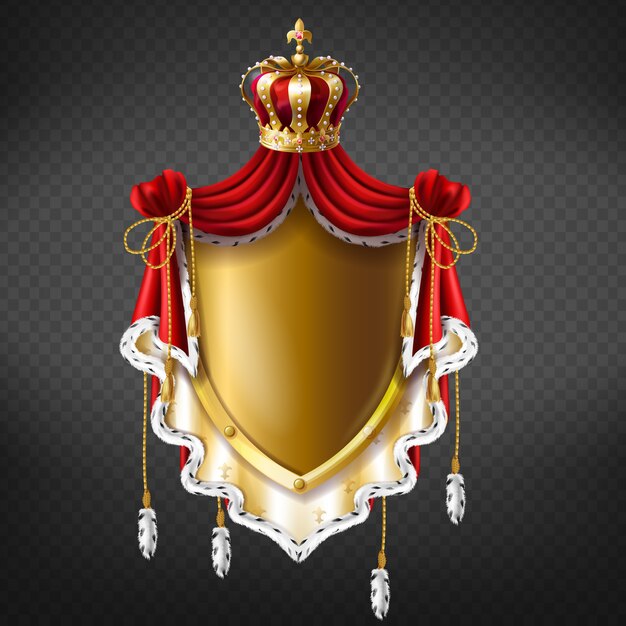 Escudo real dorado con corona, escudo y piel de flecos.