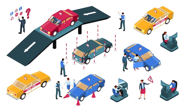 Escuela de conducción isométrica conjunto horizontal de personajes humanos aislados pictogramas de letreros de calles e imágenes de automóviles ilustración vectorial