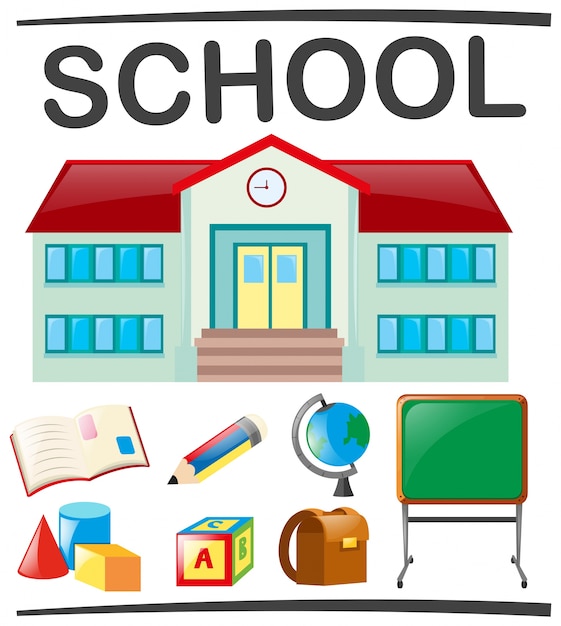 Vector gratuito escuela, conjunto, escuela, edificio, objetos