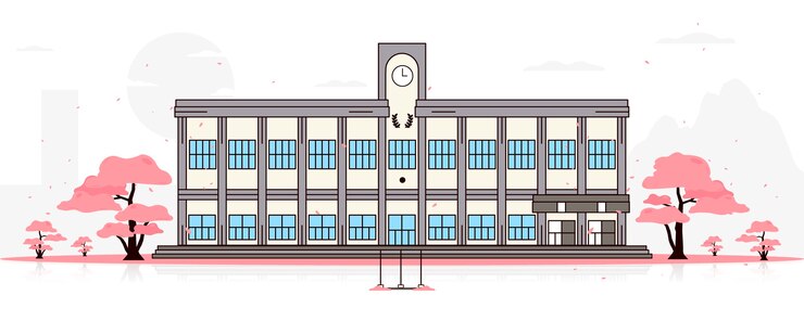Vector gratuito escuela japonesa rodeada de árboles de flores de sakura