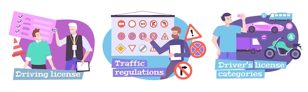 Vector gratuito escuela de manejo con símbolos de normas de tráfico ilustraciones aisladas planas