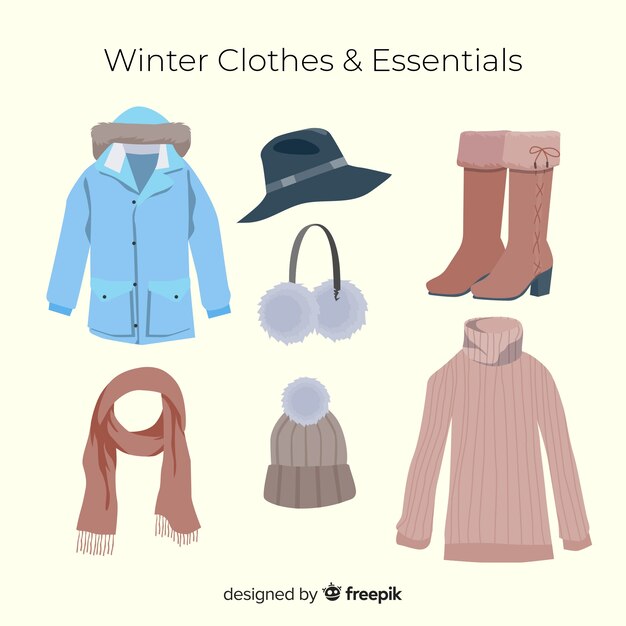Esenciales y ropa de invierno dibujados a mano