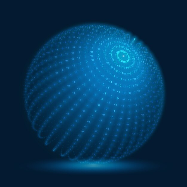 Esfera cibernética de vector. Esfera de big data azul con cadenas de números binarios. Representación de la estructura del código de información. Análisis criptográfico. Transferencia de blockchain de Bitcoin.
