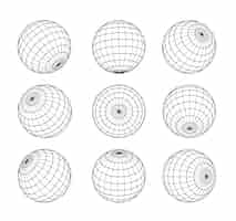 Vector gratuito esfera de estructura metálica en diferentes posiciones conjunto de rejilla de globo esquema de vector de orbe de planeta tierra aislado