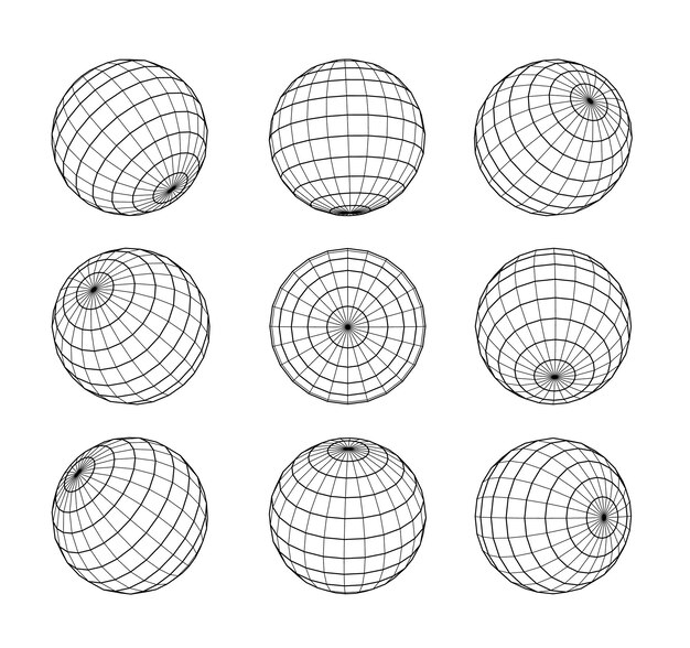 Esfera de estructura metálica en diferentes posiciones Conjunto de rejilla de globo Esquema de vector de orbe de planeta tierra aislado