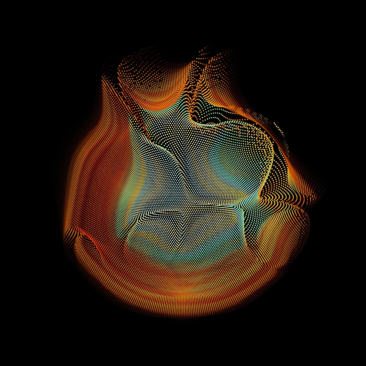 Vector gratuito esfera de malla colorida de vector abstracto sobre fondo oscuro. tarjeta de estilo futurista. fondo elegante para presentaciones de negocios. esfera puntual dañada. estética del caos.