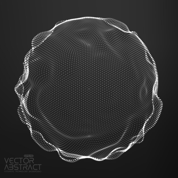 Esfera de malla monocromática de vector abstracto sobre fondo oscuro. Tarjeta de estilo futurista. Fondo elegante para presentaciones de negocios. Esfera puntual dañada. Estética del caos.