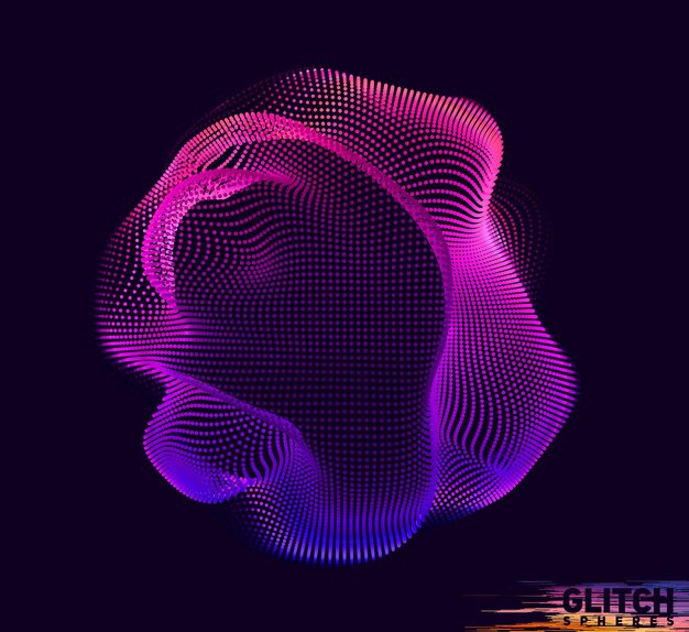 Esfera de punta violeta corrupta. Malla colorida abstracta en la oscuridad