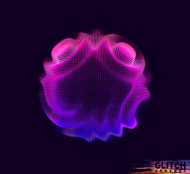 Esfera de punta violeta corrupta. Malla colorida abstracta sobre fondo oscuro.