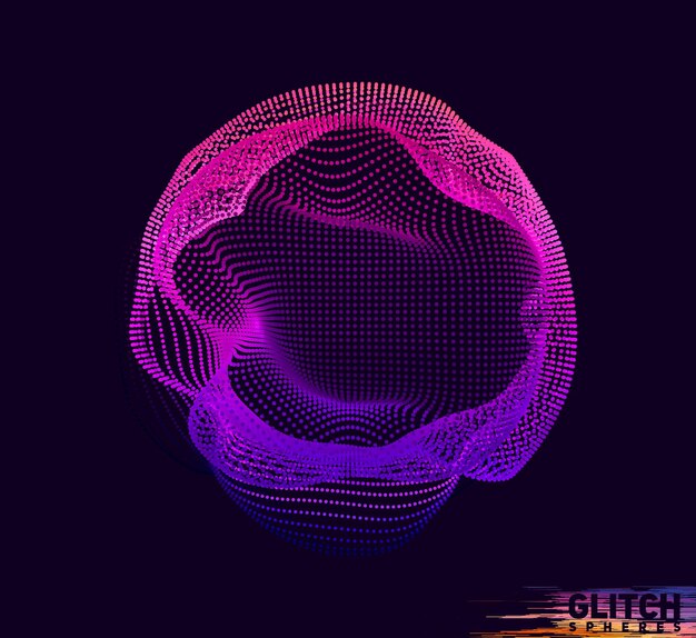 Esfera de punta violeta corrupta. Malla colorida abstracta sobre fondo oscuro.