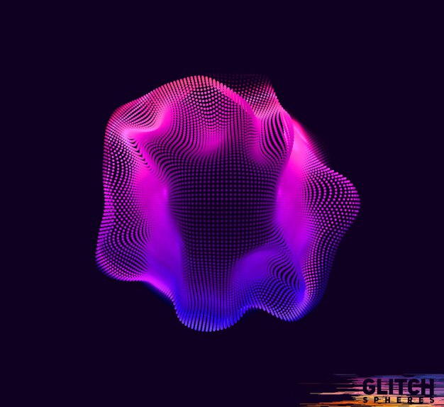Esfera de punta violeta corrupta. Malla colorida abstracta sobre fondo oscuro.