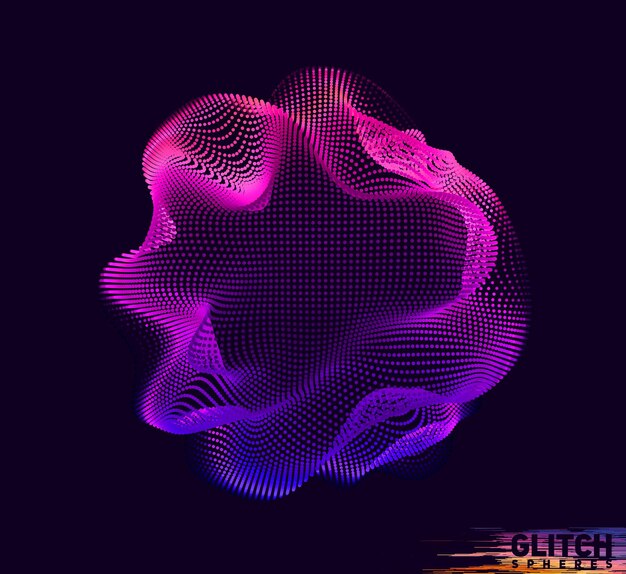 Esfera de punta violeta corrupta. Malla colorida del vector abstracto en fondo oscuro. Tarjeta de estilo futurista.
