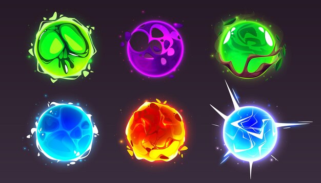 Esferas de juego mágicas con efecto de neón brillante Ilustración vectorial de dibujos animados conjunto de esferas de fantasía con energía y poder interno Bola de mago o adivino con poder para predecir el futuro o hacer hechizos