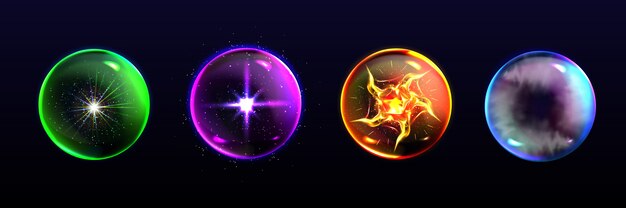 Esferas mágicas, bolas de cristal de diferentes colores con destellos.