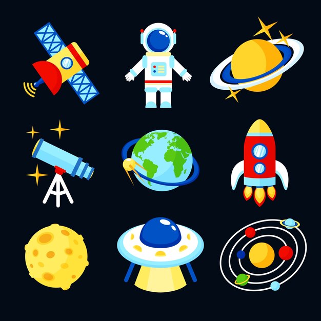 Espacio y astronomía iconos Conjunto de tierra cohete luna astronauta aislado ilustración vectorial