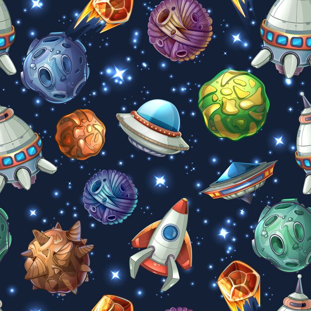 Espacio cómico con planetas y naves espaciales. Diseño de dibujos animados, estrellas y ciencia de cohetes. Patrón transparente de vector