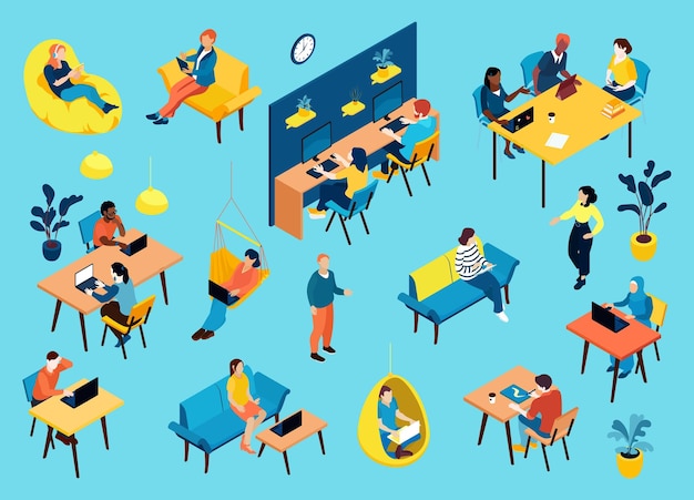 Espacio de coworking independiente isométrico con íconos aislados de lugares de trabajo, muebles blandos y personajes humanos, ilustración vectorial