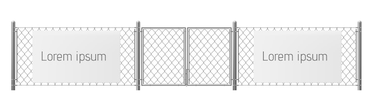 Vector gratuito espacio libre, buen lugar para publicidad exterior visual vector realista. blanco, cartelera en blanco o cartel en la cerca de alambre con pilares metálicos e ilustración de la puerta. advertencia de seguridad