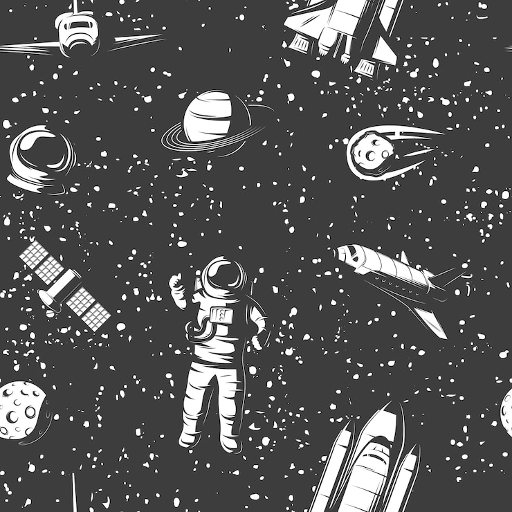 Vector gratuito espacio monocromo de patrones sin fisuras con astronauta objetos cósmicos tripulados barcos satélite en cielo estrellado