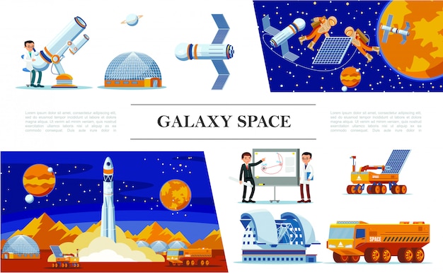 Espacio plano y composición de galaxias con científicos telescopio planetario astronautas arreglan lanzamiento de cohete satelital rover lunar y camión