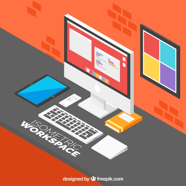 Vector gratuito espacio de trabajo colorido con perspectiva isométrica