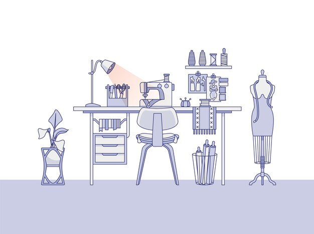Espacio de trabajo de un diseñador de moda, o un sastre