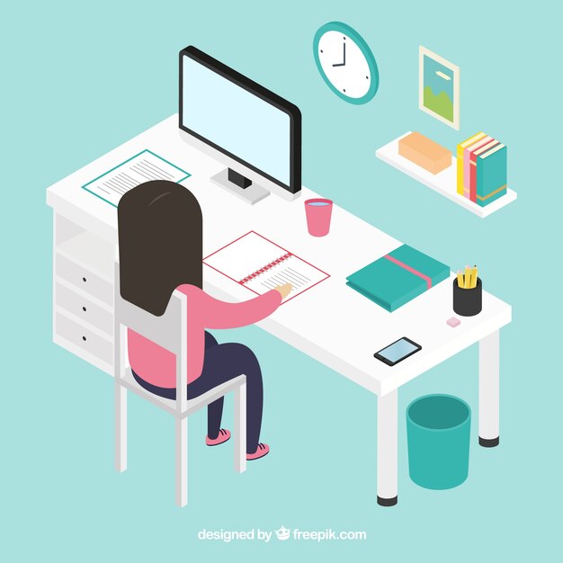 Espacio de trabajo isométrico con diseño plano