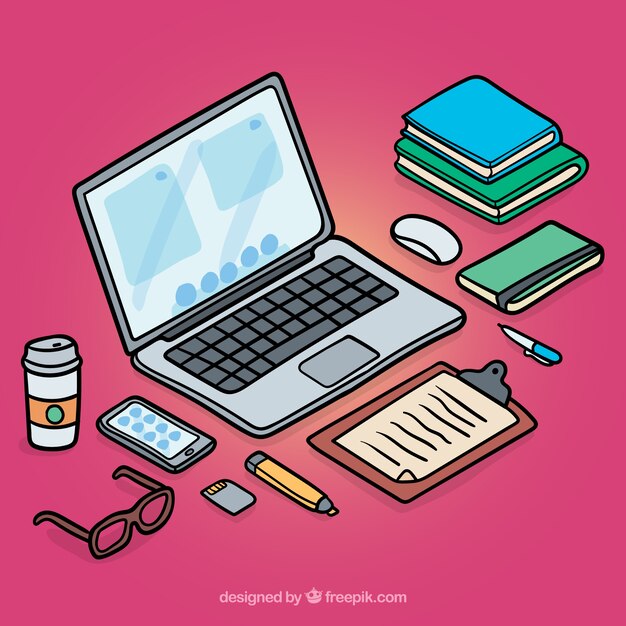 Espacio de trabajo isométrico con estilo a mano