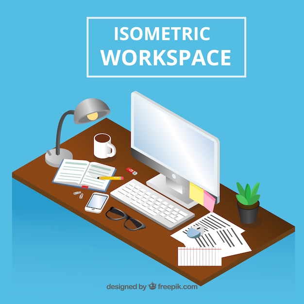 Espacio de trabajo isométrico con ordenador moderno