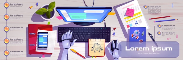 Espacio de trabajo con manos de robot trabajando en el teclado de la computadora