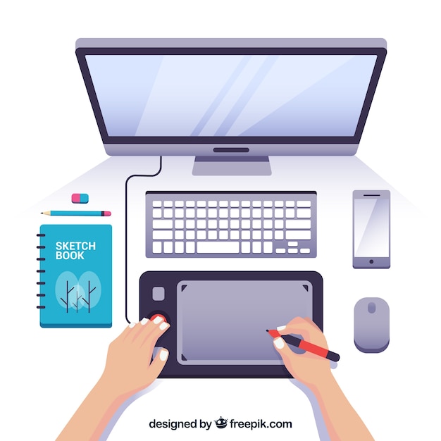 Espacio de trabajo con ordenado y tableta