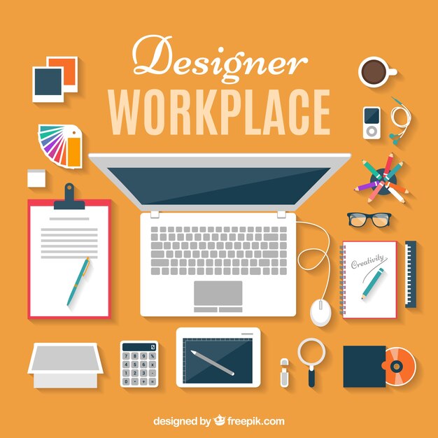 Espacio de trabajo plano de diseñador en vista superior