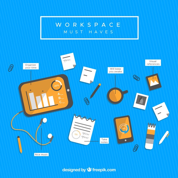 Vector gratuito espacio de trabajo plano con dispositivos modernos